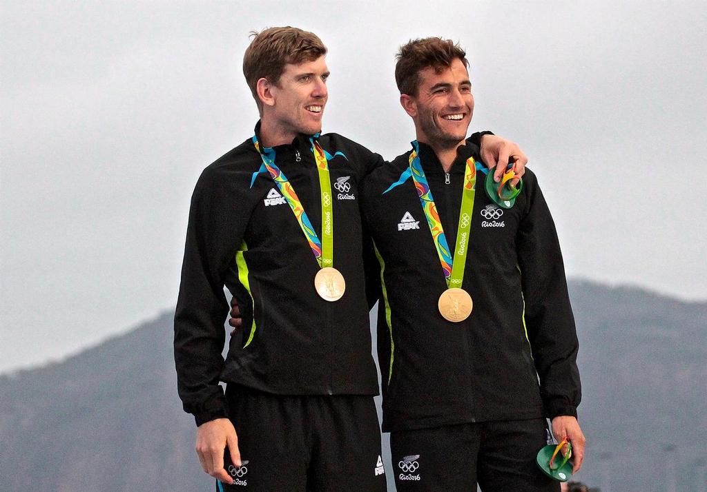 Peter Burling and Blair Tuke with their medals in the Sailing Media Centre at Rio de Janeiro &copy; Richard Gladwell www.photosport.co.nz